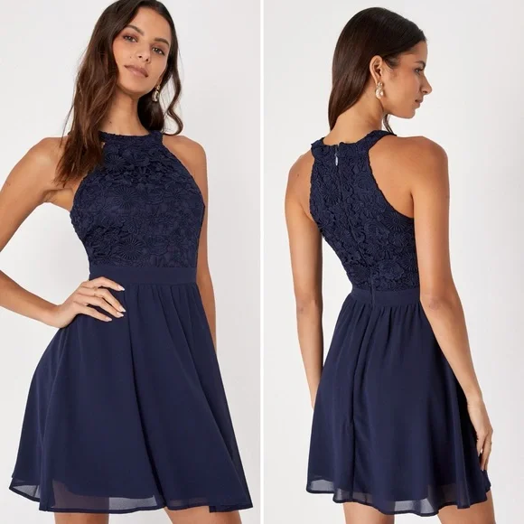 Lulus Dresses Lulus Lovers Game Navy Blue Lace Top Skater